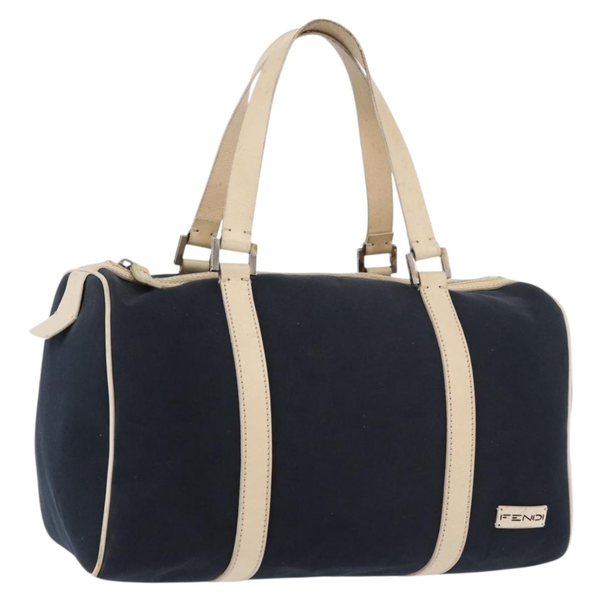 FENDI Boston Bag Canvas Navy Silver Auth ti3849
