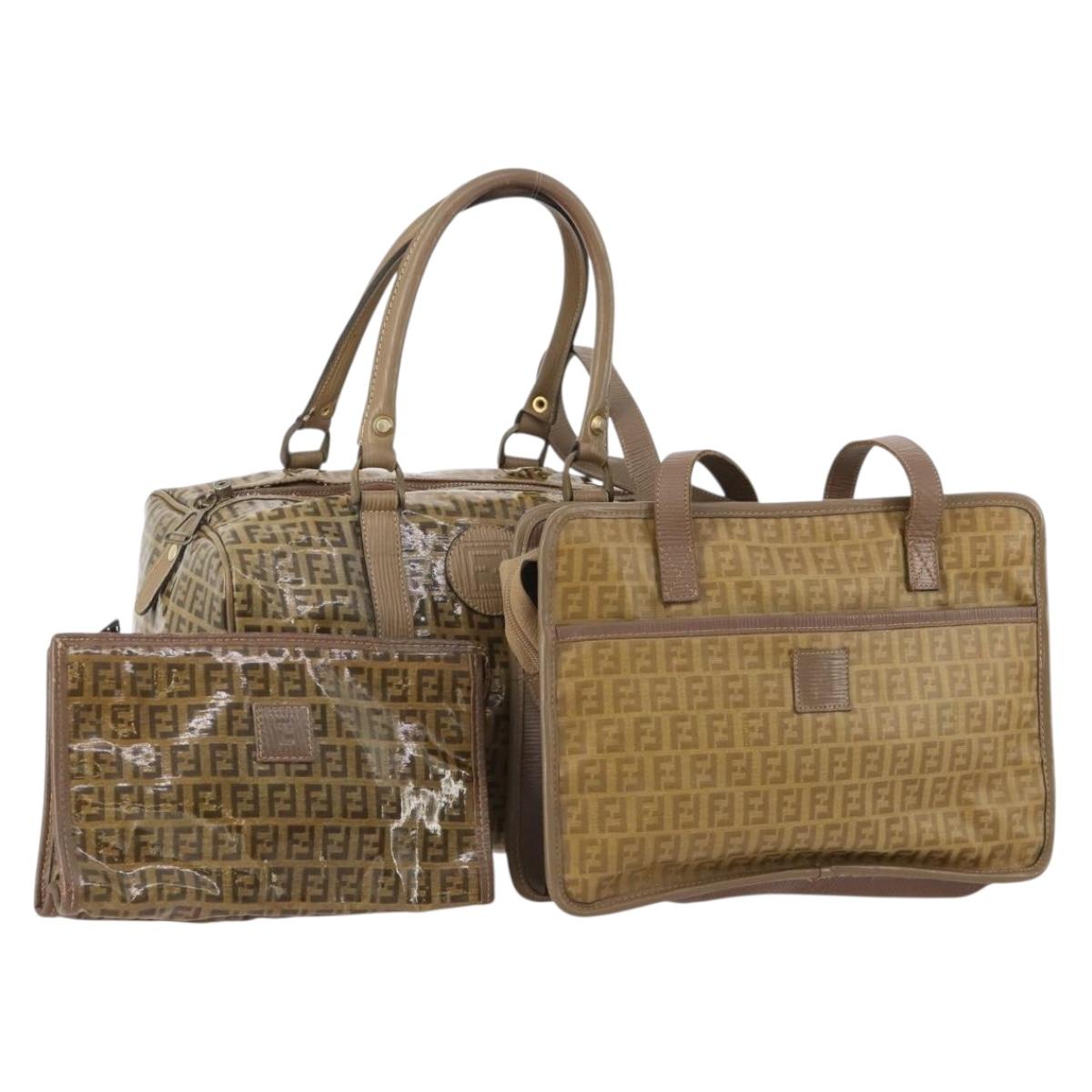 FENDI Zucchino Canvas Shoulder Bag Coated Canvas 3 Set Beige Brown Auth ti3891