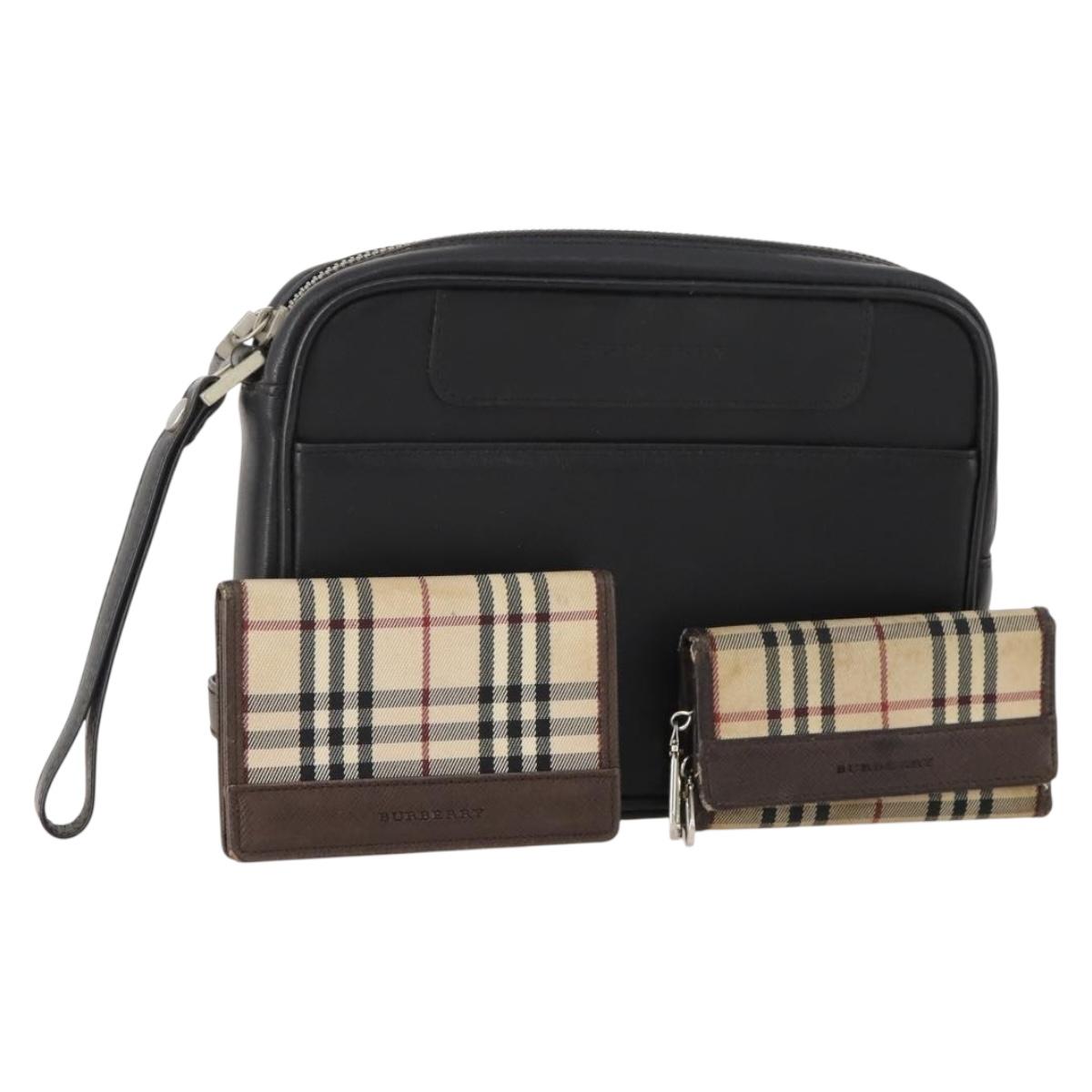 BURBERRY Nova Check Pouch Canvas Leather 3 Set Beige Black Auth ti3893