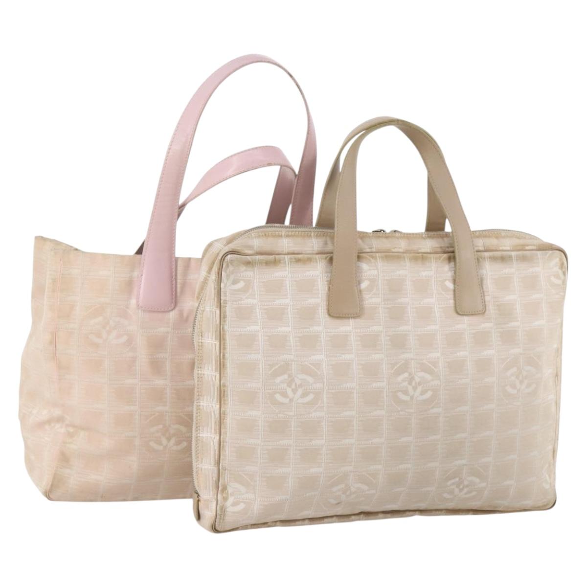 CHANEL New Travel Line Tote Bag Nylon 2 Set Pink Beige CC Auth ti3896