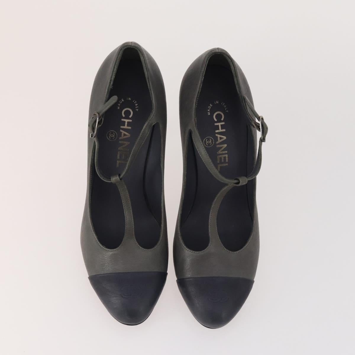CHANEL Pumps Leather 2 Set Gray Brown CC Auth ti3898