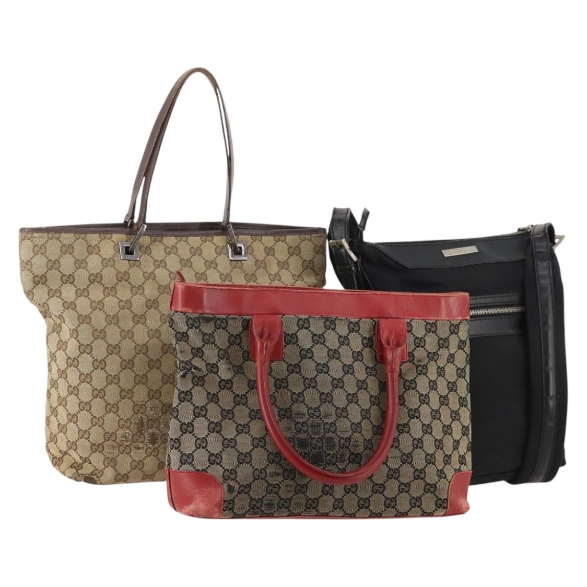 GUCCI GG Canvas Shoulder Bag Nylon 3 Set Beige Black Auth ti3900