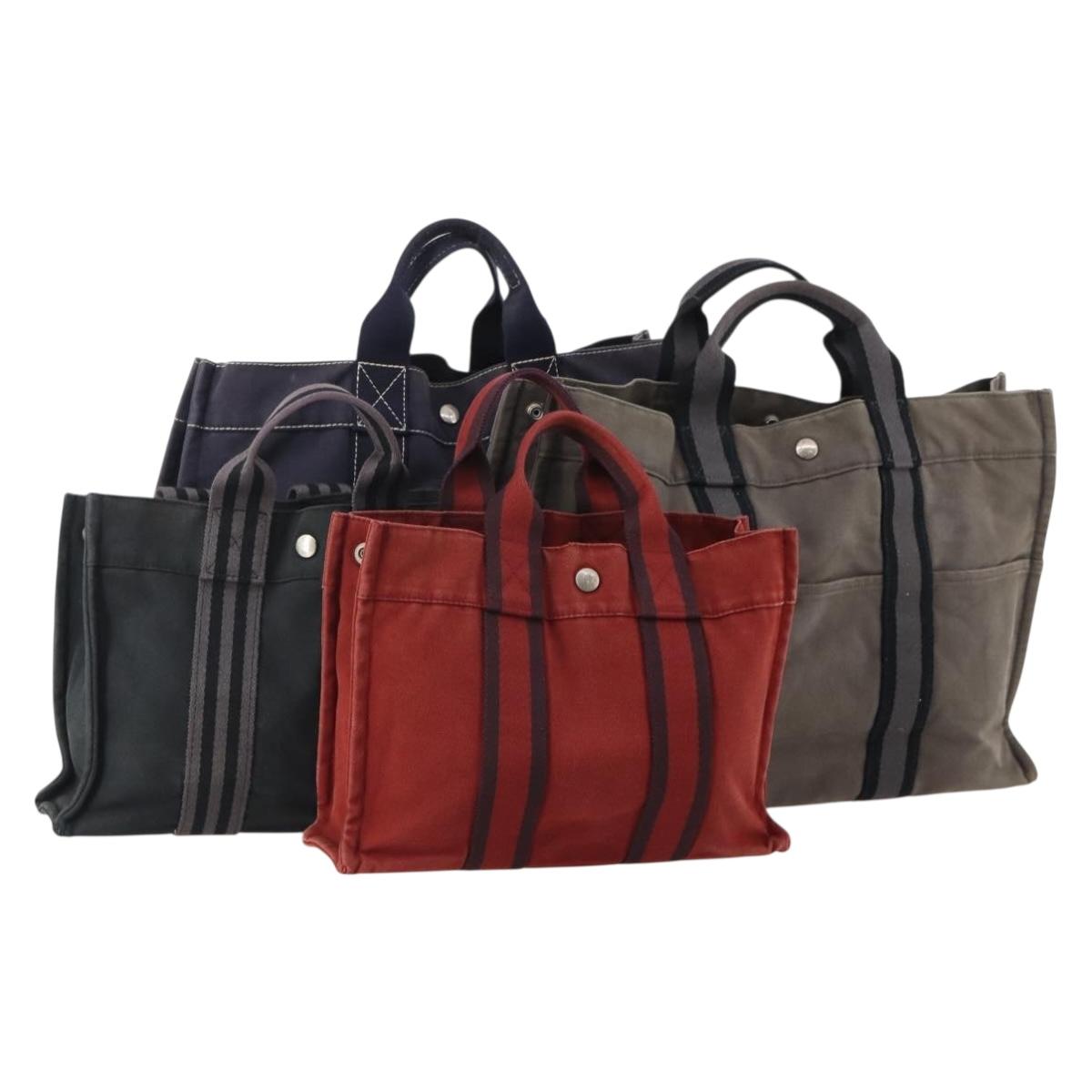 HERMES Fourre Tout Hand Bag cotton 4 Set Black Red gray Auth ti3922