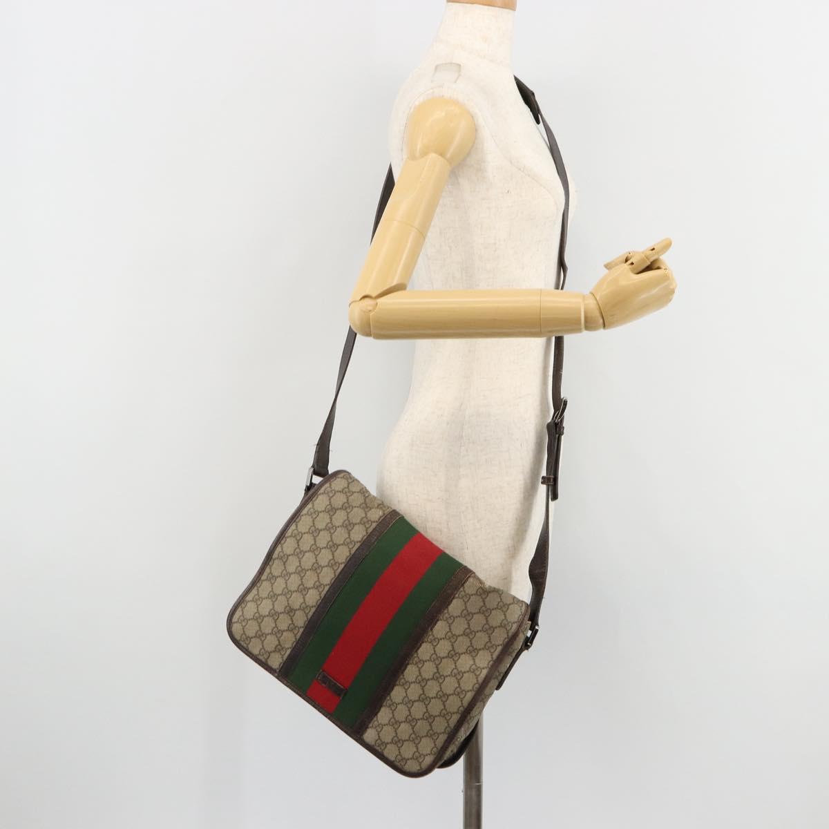 GUCCI GG Supreme Web Sherry Line Bag PVC Beige Silver 145844 Auth ti3927