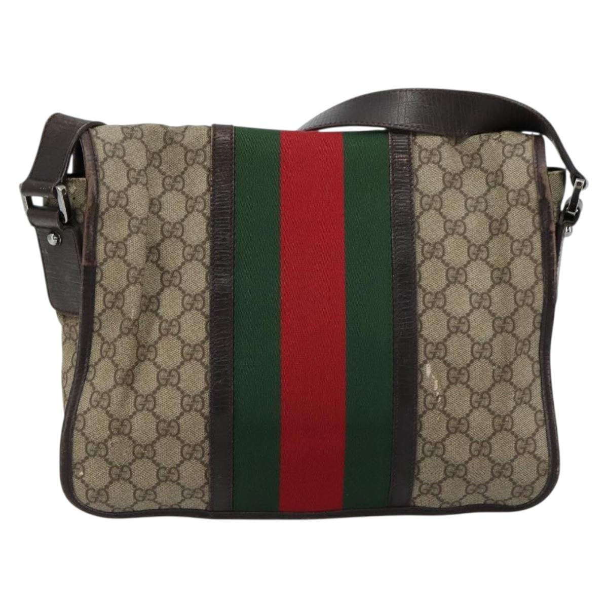 GUCCI GG Supreme Web Sherry Line Bag PVC Beige Silver 145844 Auth ti3927
