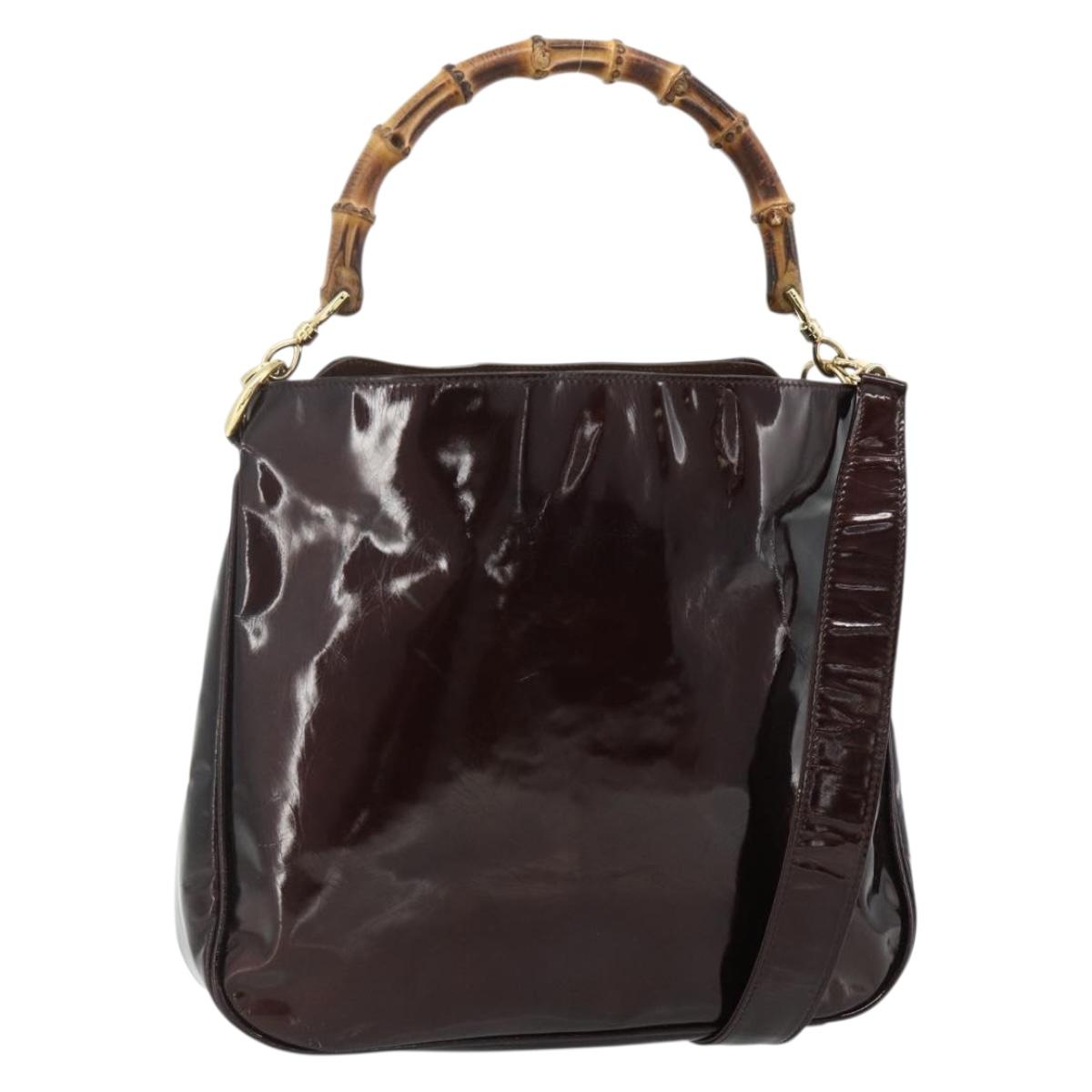 GUCCI Bamboo Bag Patent leather 2way Brown Gold 001 1705 1638 Auth ti3928