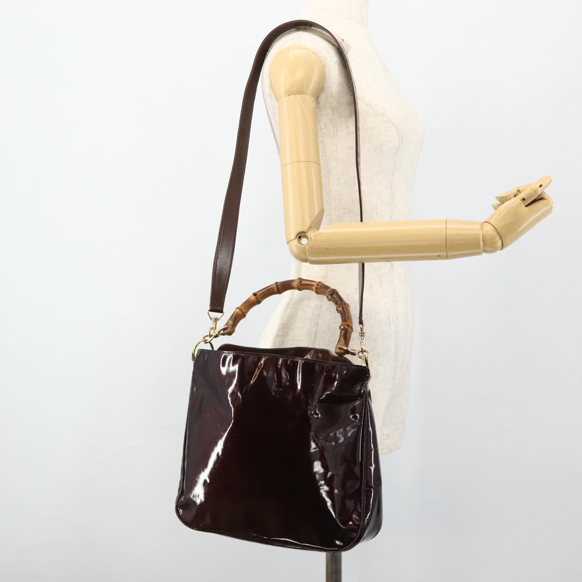GUCCI Bamboo Bag Patent leather 2way Brown Gold 001 1705 1638 Auth ti3928