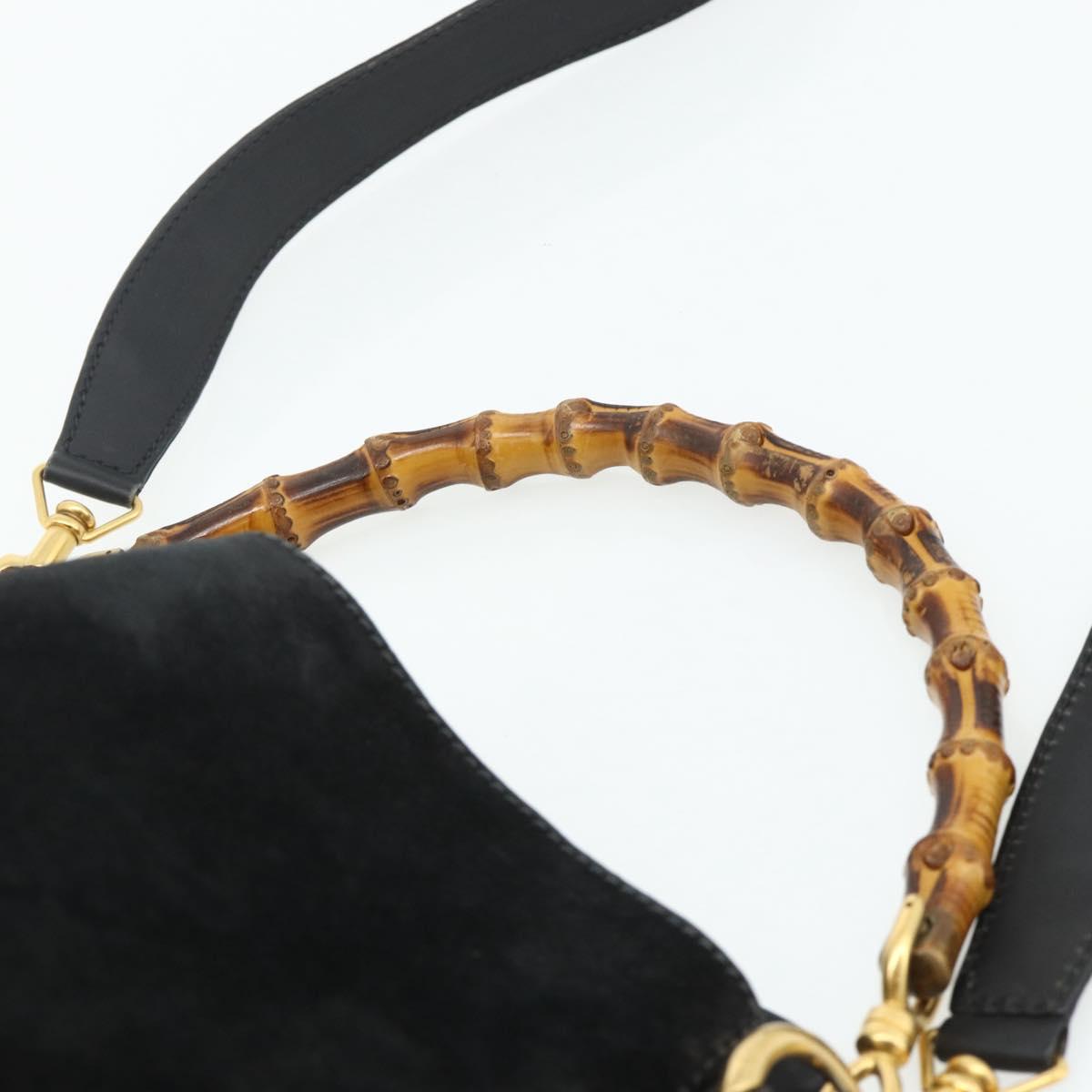 GUCCI Bamboo Hand Bag Suede 2way Black Gold 001 2113 1638 Auth ti3930