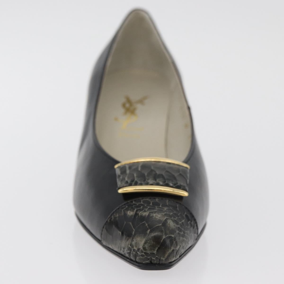 SAINT LAURENT Heel Leather Black Gold Auth ti3935