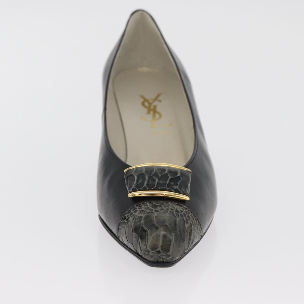 SAINT LAURENT Heel Leather Black Gold Auth ti3935