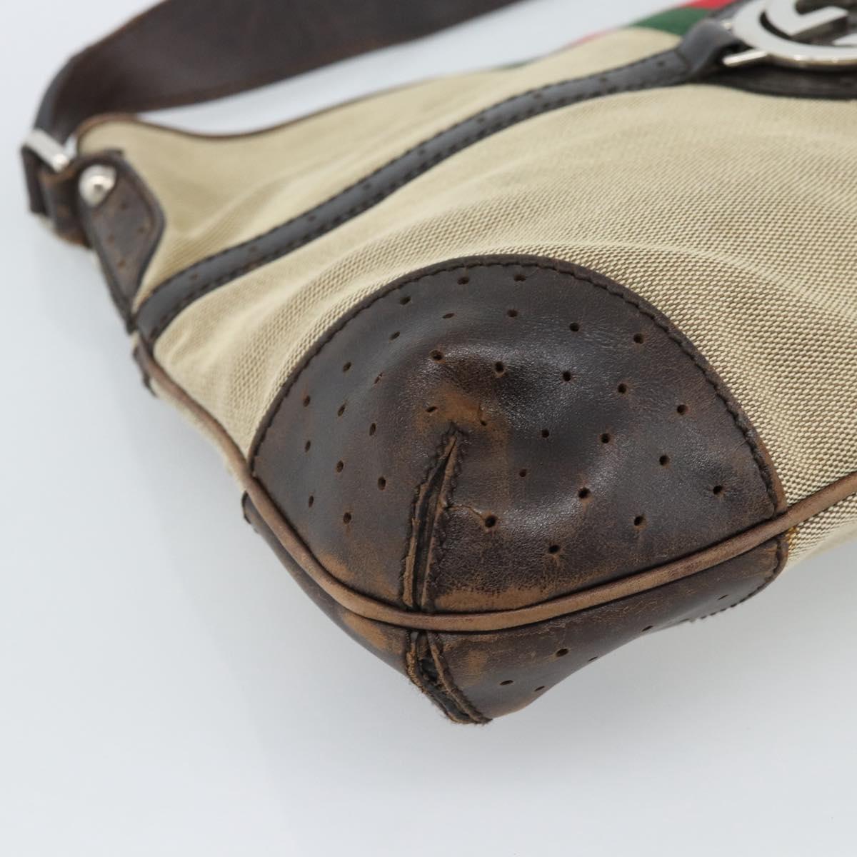 GUCCI Web Sherry Line Shoulder Bag Canvas Beige Silver 114879 Auth ti3962