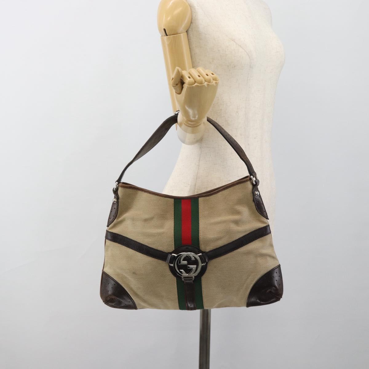 GUCCI Web Sherry Line Shoulder Bag Canvas Beige Silver 114879 Auth ti3962