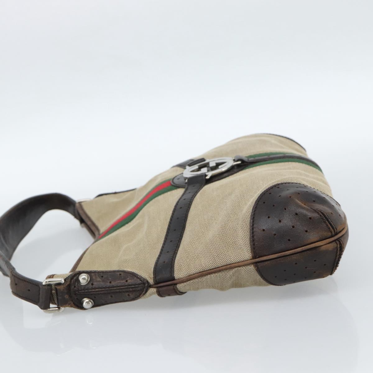 GUCCI Web Sherry Line Shoulder Bag Canvas Beige Silver 114879 Auth ti3962
