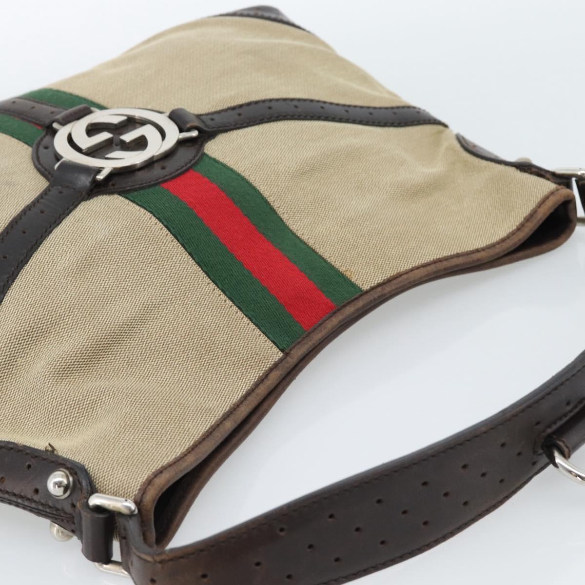GUCCI Web Sherry Line Shoulder Bag Canvas Beige Silver 114879 Auth ti3962