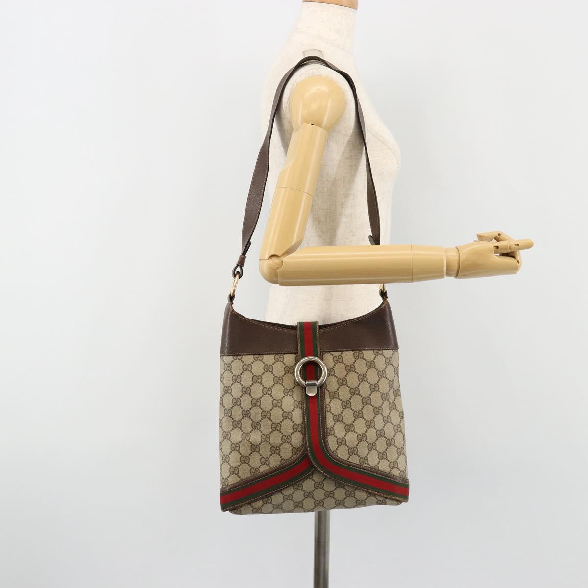 GUCCI GG Supreme Web Sherry Line Shoulder Bag PVC Beige Gold Auth ti3963