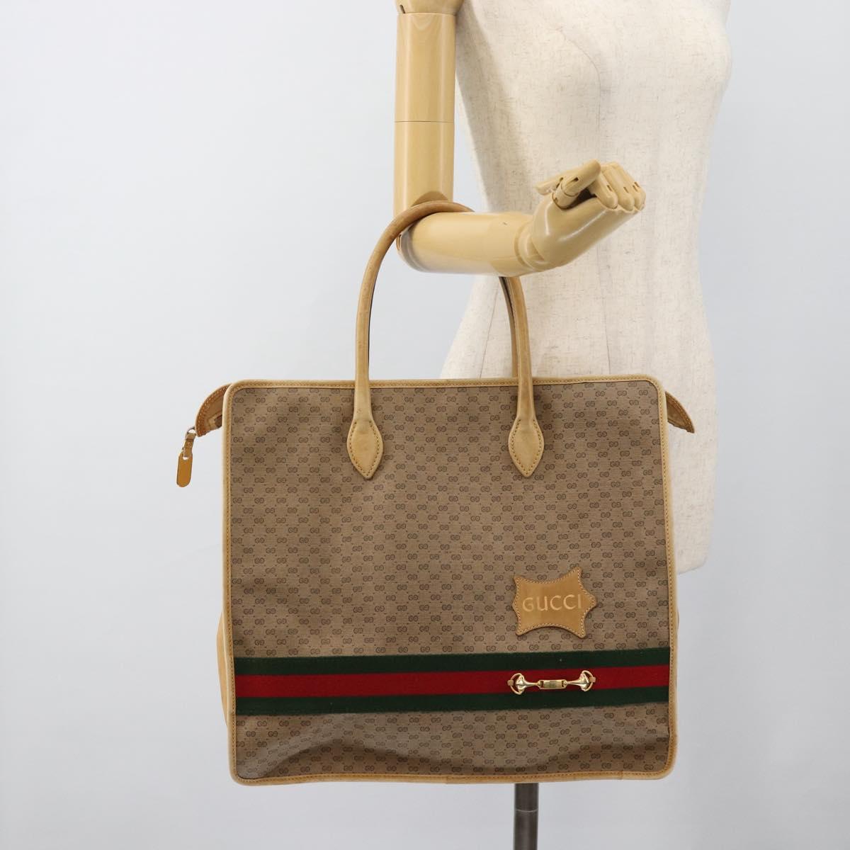 GUCCI Micro GG Supreme WebSherry Line Horsebit Bag PVC Beige Auth ti3965