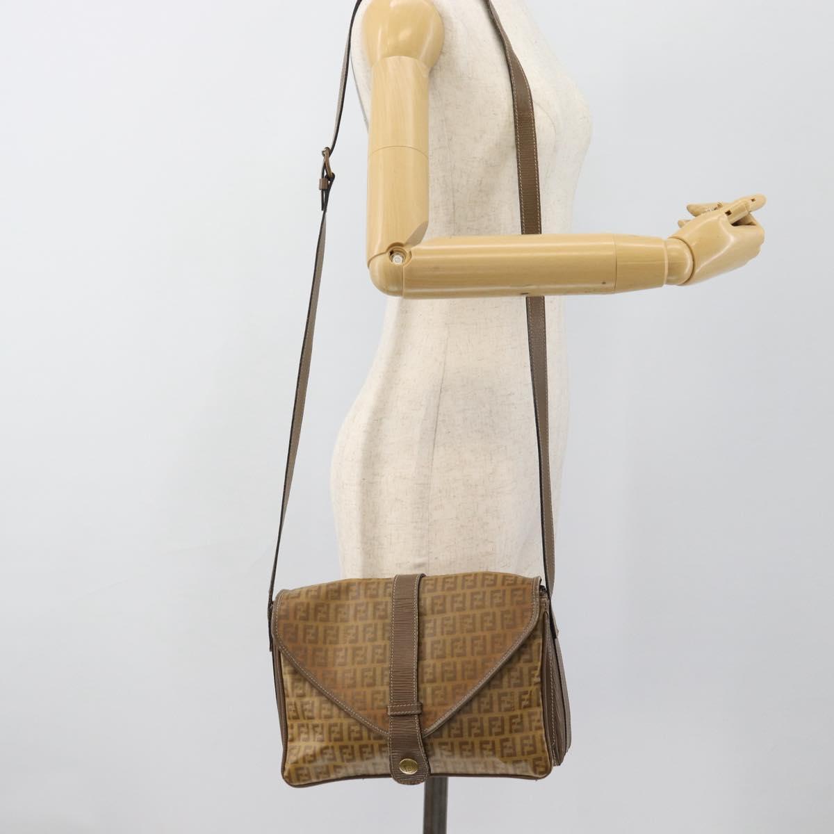 FENDI Zucchino Canvas Shoulder Bag Coated Canvas Beige Gold Auth ti3975