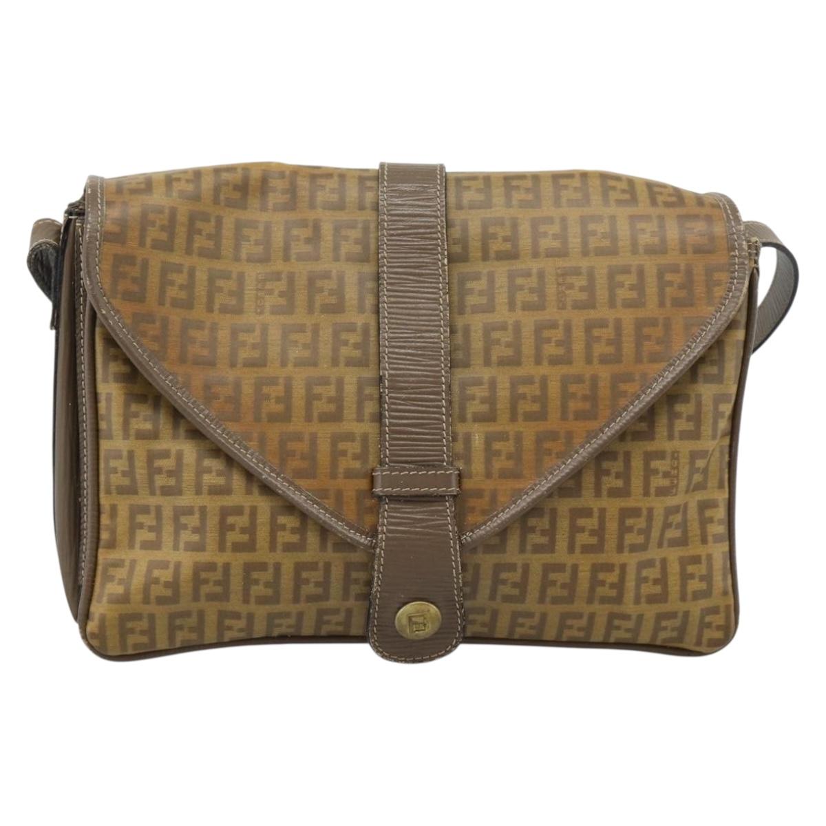 FENDI Zucchino Canvas Shoulder Bag Coated Canvas Beige Gold Auth ti3975