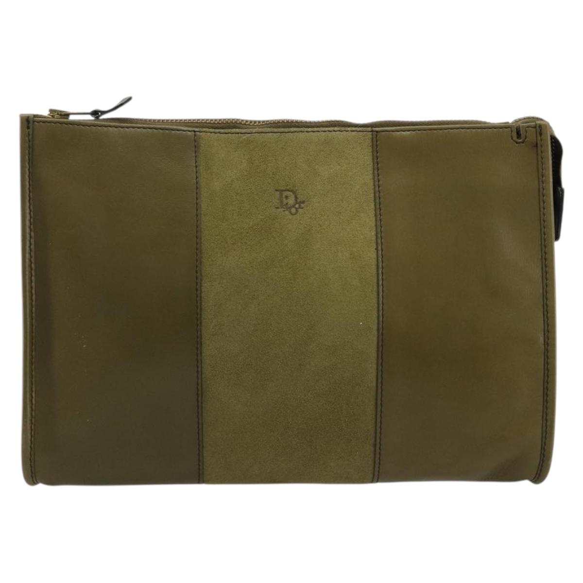 Christian Dior Clutch Bag Leather Green Gold Auth ti3979
