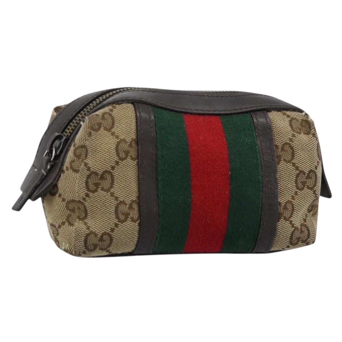 GUCCI GG Canvas Web Sherry Line Pouch Beige 256639 Auth ti3981