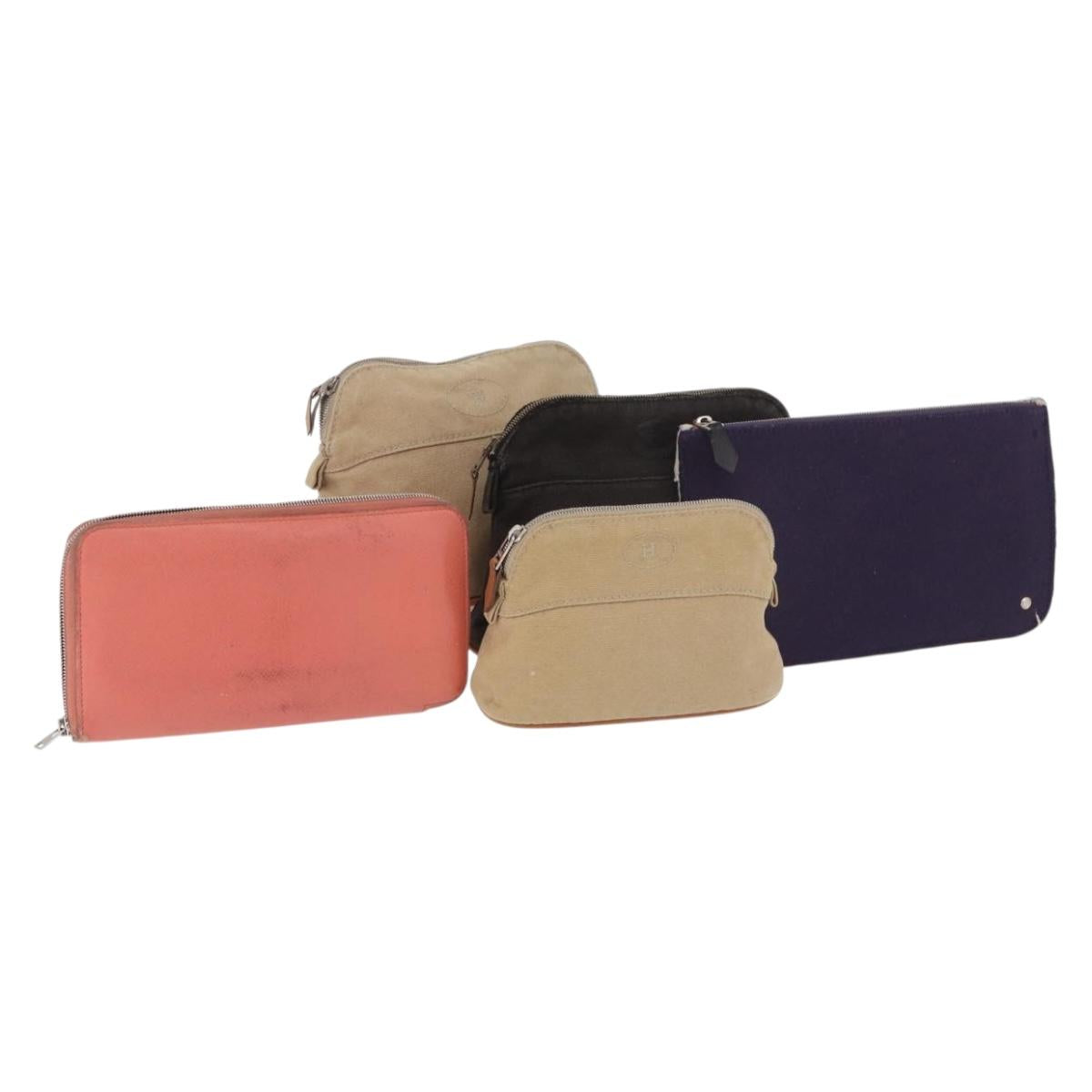 HERMES Pouch Canvas Leather 5 Set Beige Pink Purple Auth ti3991
