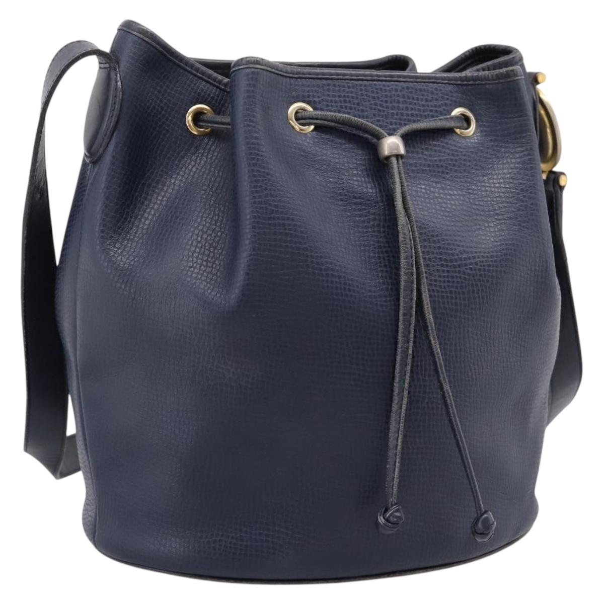 Christian Dior Purse Shoulder Bag Leather Navy Gold Tone Auth ti3995