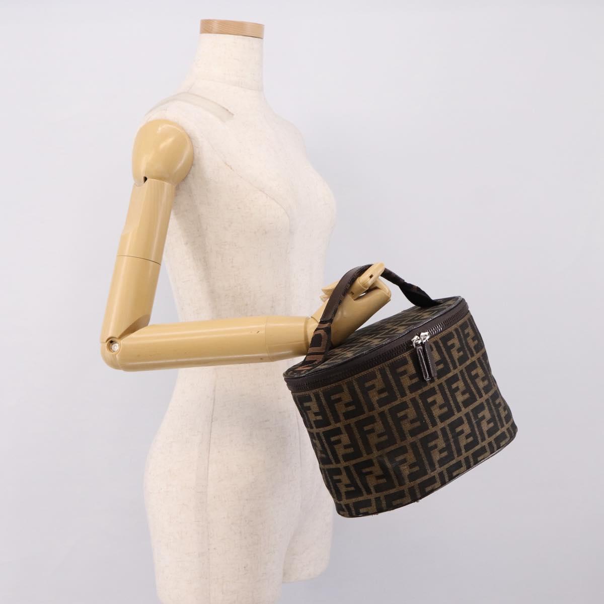 FENDI Zucca Canvas Vanity Hand Bag Brown Silver Auth ti3997