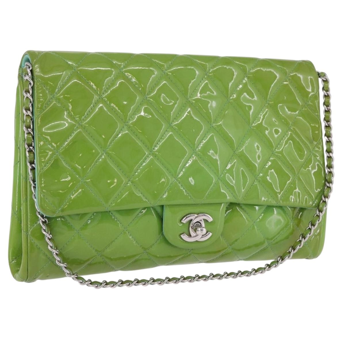 CHANEL Matelasse Shoulder Bag Patent Green Silver CC Auth ti3998A