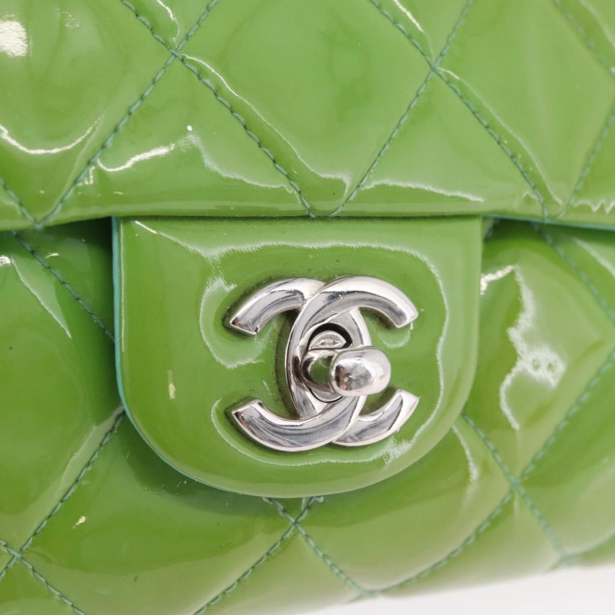 CHANEL Matelasse Shoulder Bag Patent Green Silver CC Auth ti3998A