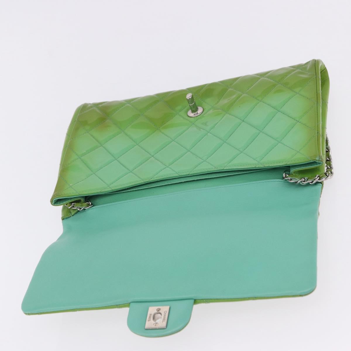 CHANEL Matelasse Shoulder Bag Patent Green Silver CC Auth ti3998A