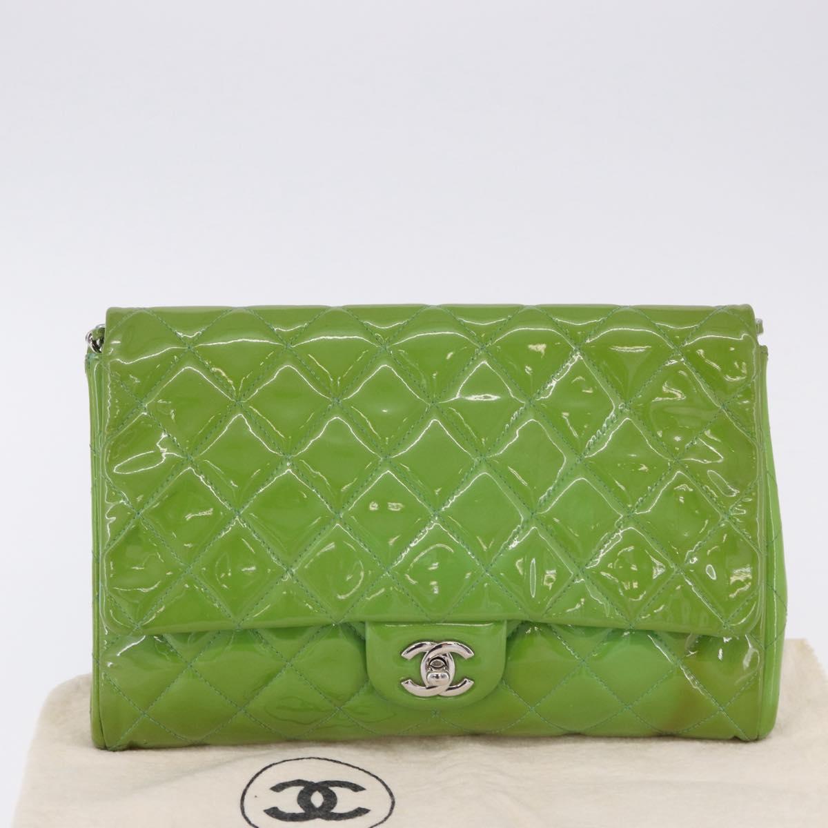 CHANEL Matelasse Shoulder Bag Patent Green Silver CC Auth ti3998A