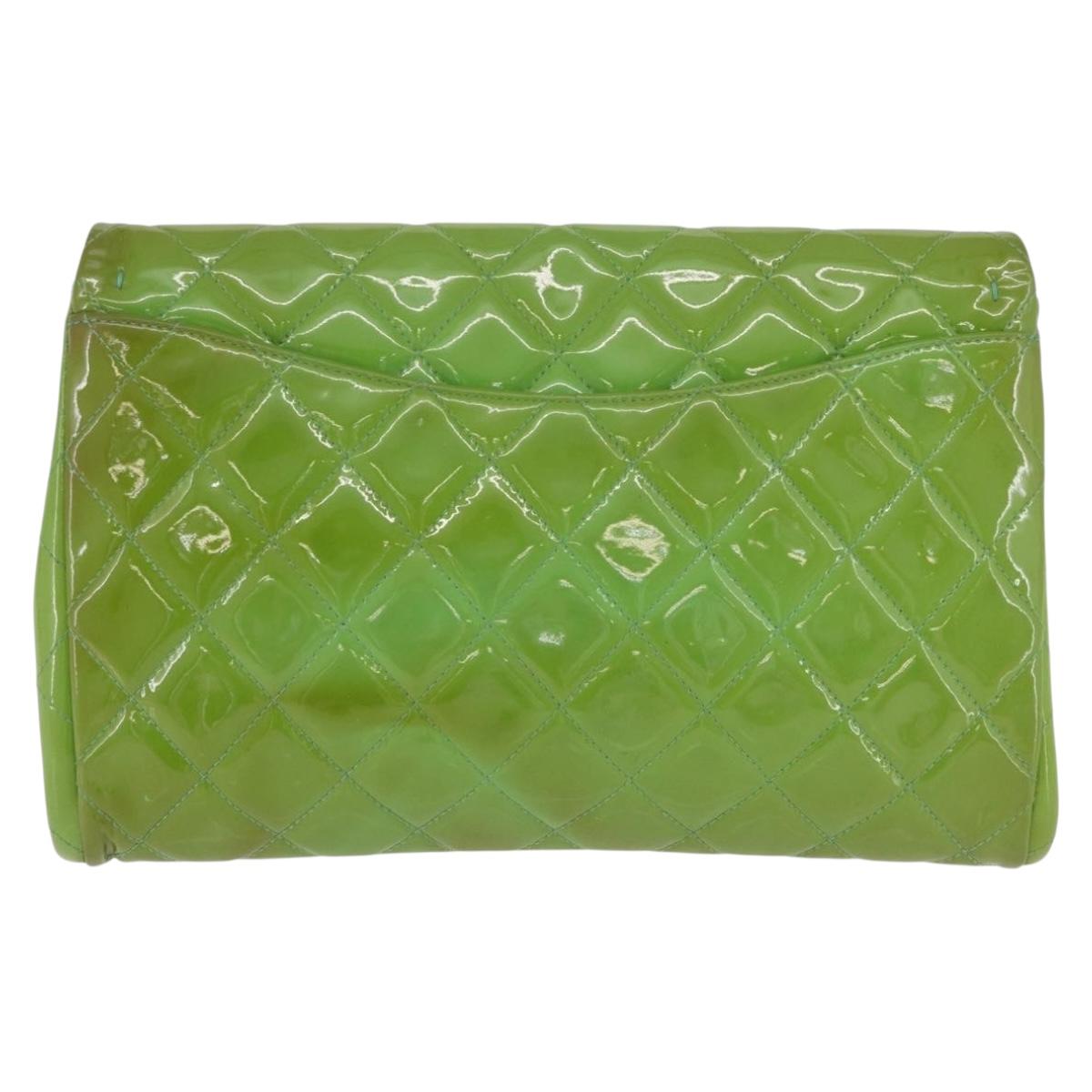 CHANEL Matelasse Shoulder Bag Patent Green Silver CC Auth ti3998A