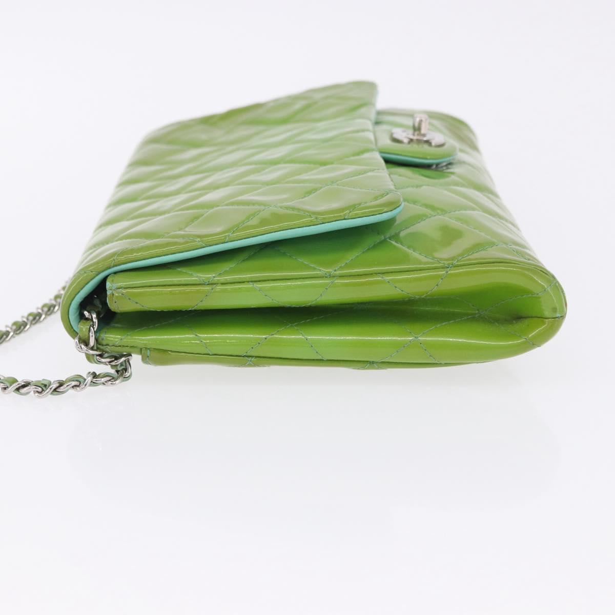 CHANEL Matelasse Shoulder Bag Patent Green Silver CC Auth ti3998A