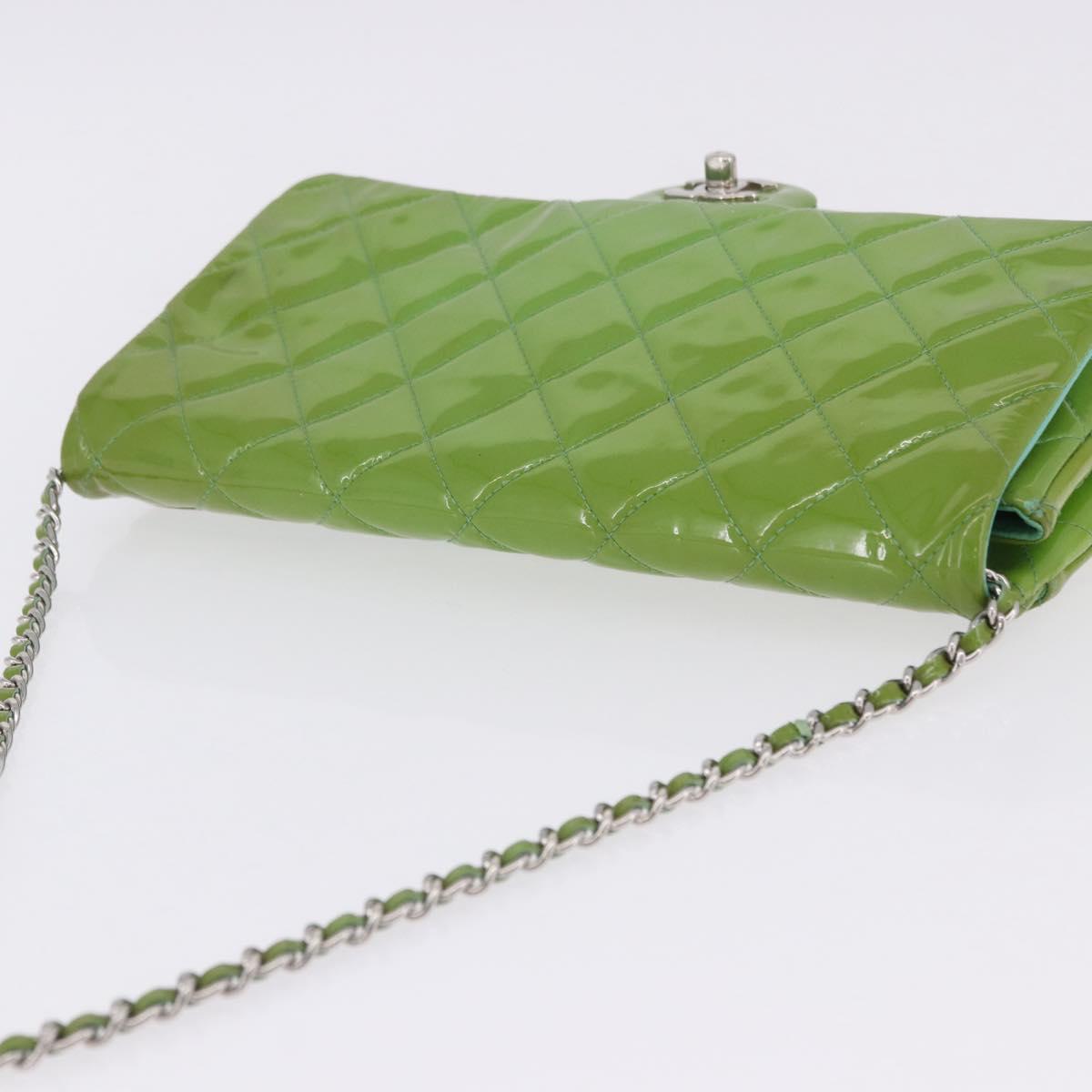 CHANEL Matelasse Shoulder Bag Patent Green Silver CC Auth ti3998A