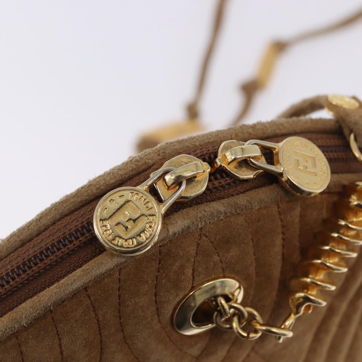 FENDI Macaroni Shoulder Bag Suede Brown Gold Tone Auth ti4003