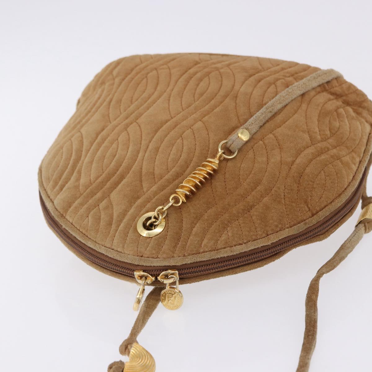 FENDI Macaroni Shoulder Bag Suede Brown Gold Tone Auth ti4003
