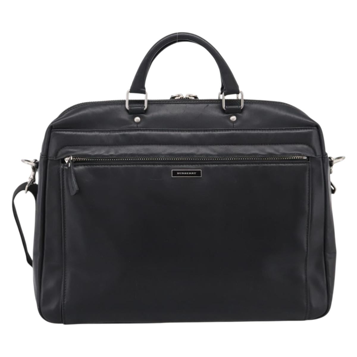 BURBERRY Business Bag Leather 2way Black Silver Auth ti4007