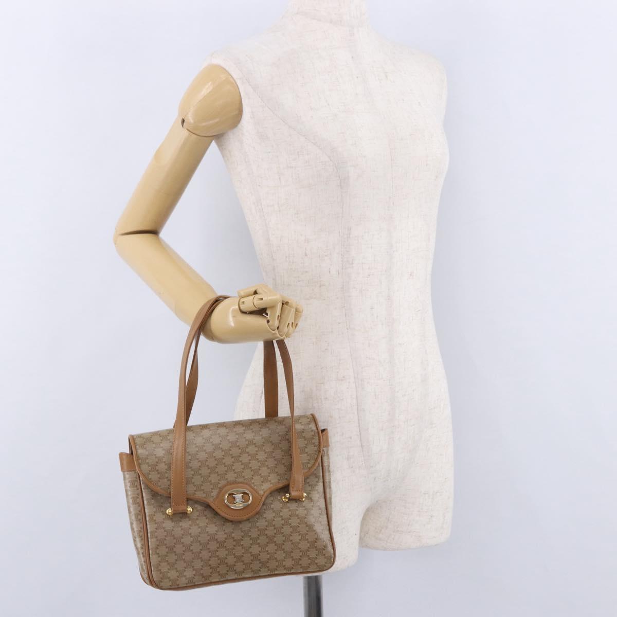CELINE Macadam Hand Bag PVC Leather Beige Gold Tone Auth ti4018