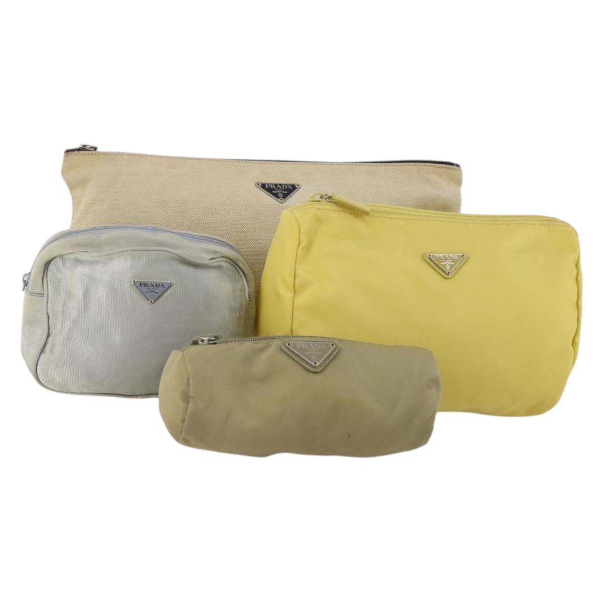 PRADA Clutch Bag Pouch Canvas Nylon 4 Set Beige Yellow Auth ti4021