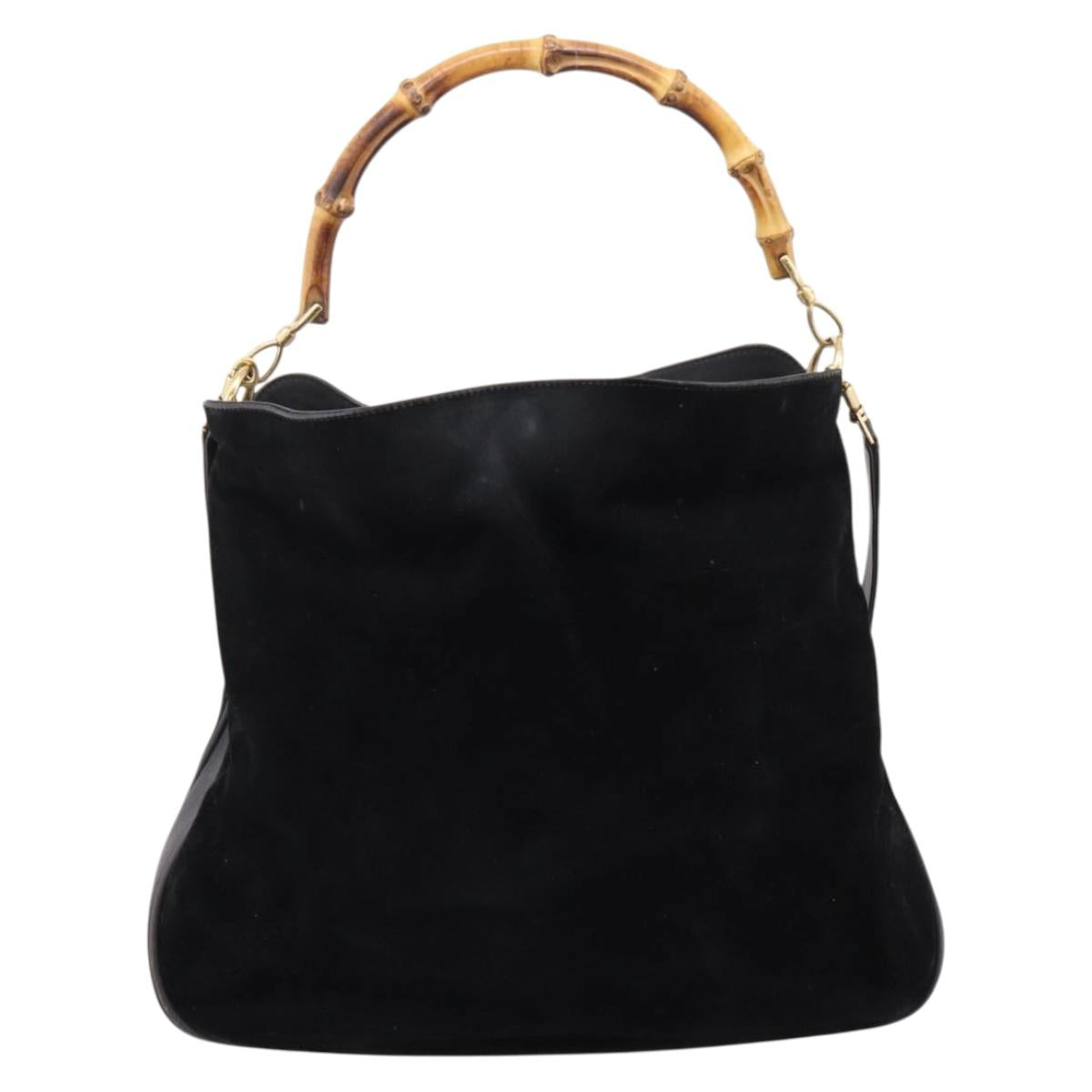GUCCI Bamboo Hand Bag Suede 2way Black Gold Tone 001 123 1577 Auth ti4022