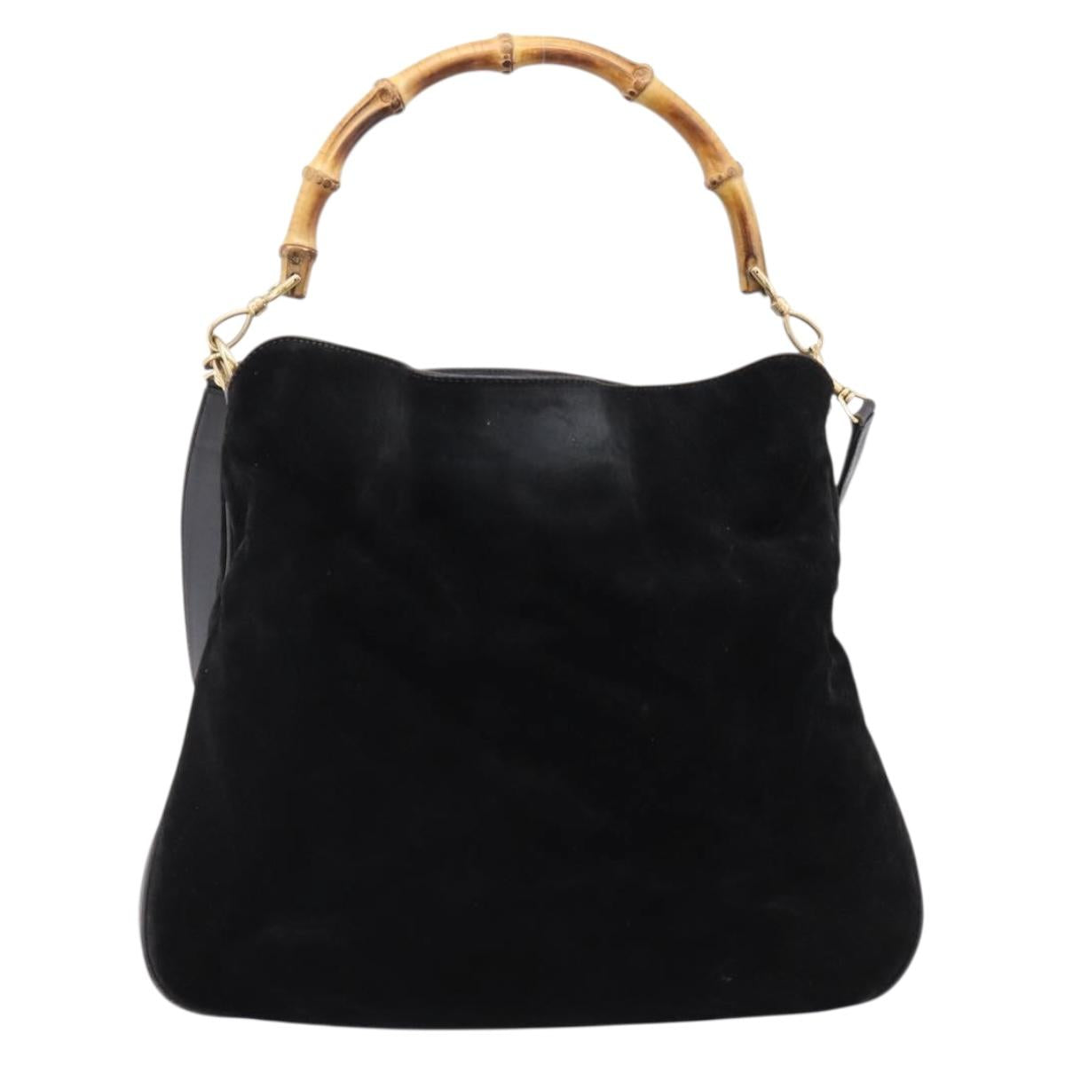 GUCCI Bamboo Hand Bag Suede 2way Black Gold Tone 001 123 1577 Auth ti4022