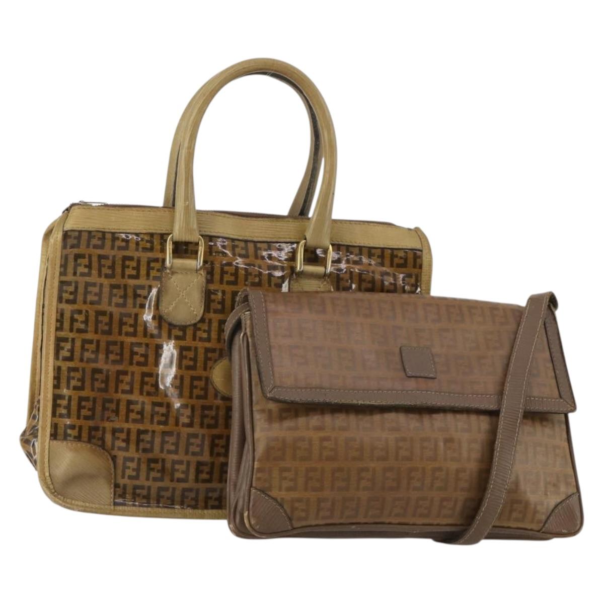 FENDI Zucchino Hand Bag Shoulder Bag PVC 2 Set Brown Gold Tone Auth ti4032