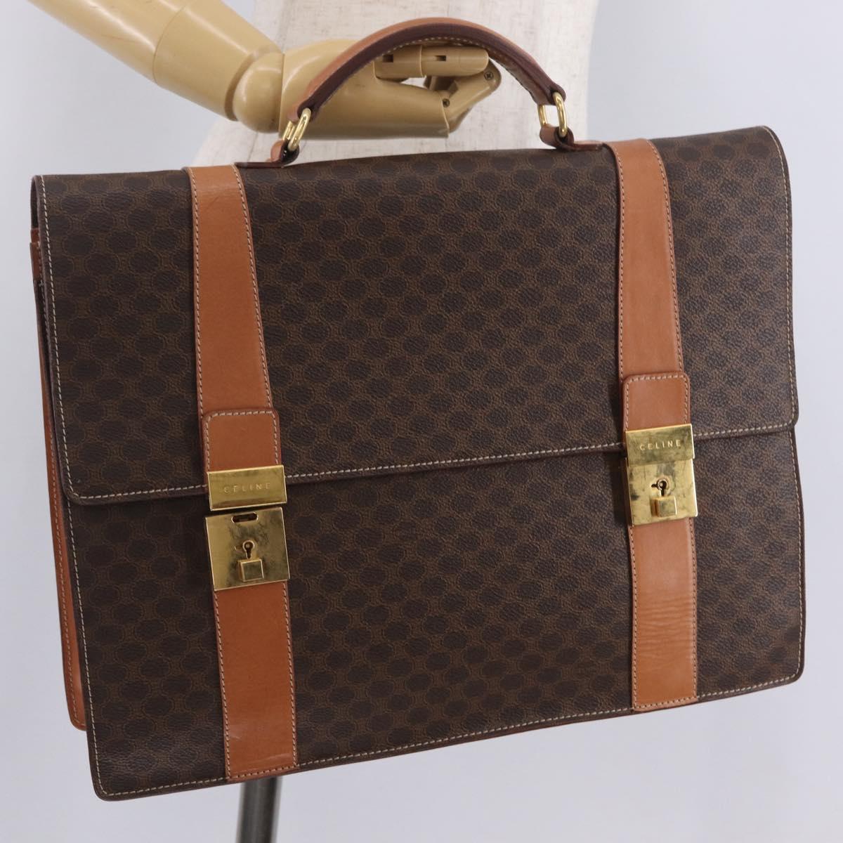 CELINE Macadam Business Bag PVC Brown Gold Tone Auth ti4052