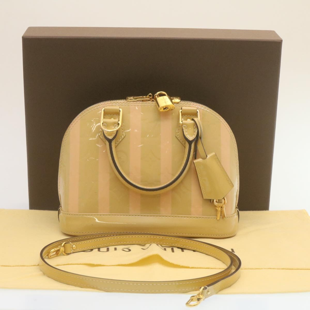 LOUIS VUITTON Vernis Rayures Alma BB Hand Bag 2way Beige Pink M90970 Auth ai678M