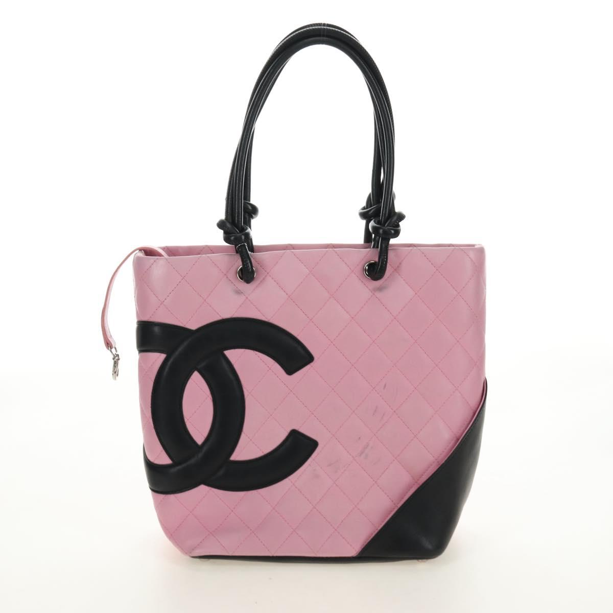 CHANEL Cambon Line Tote Bag Leather Pink Silver black CC Auth TR138