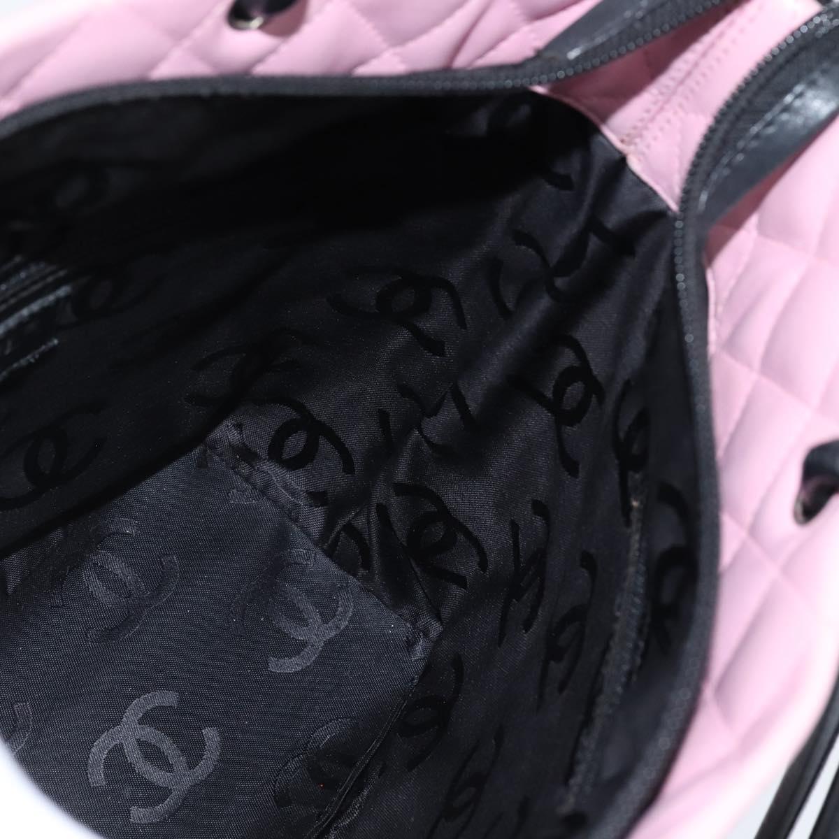CHANEL Cambon Line Tote Bag Leather Pink Silver black CC Auth TR138