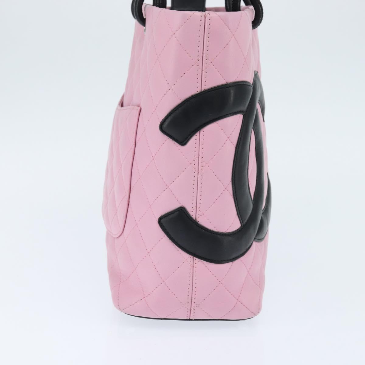 CHANEL Cambon Line Tote Bag Leather Pink Silver black CC Auth TR138