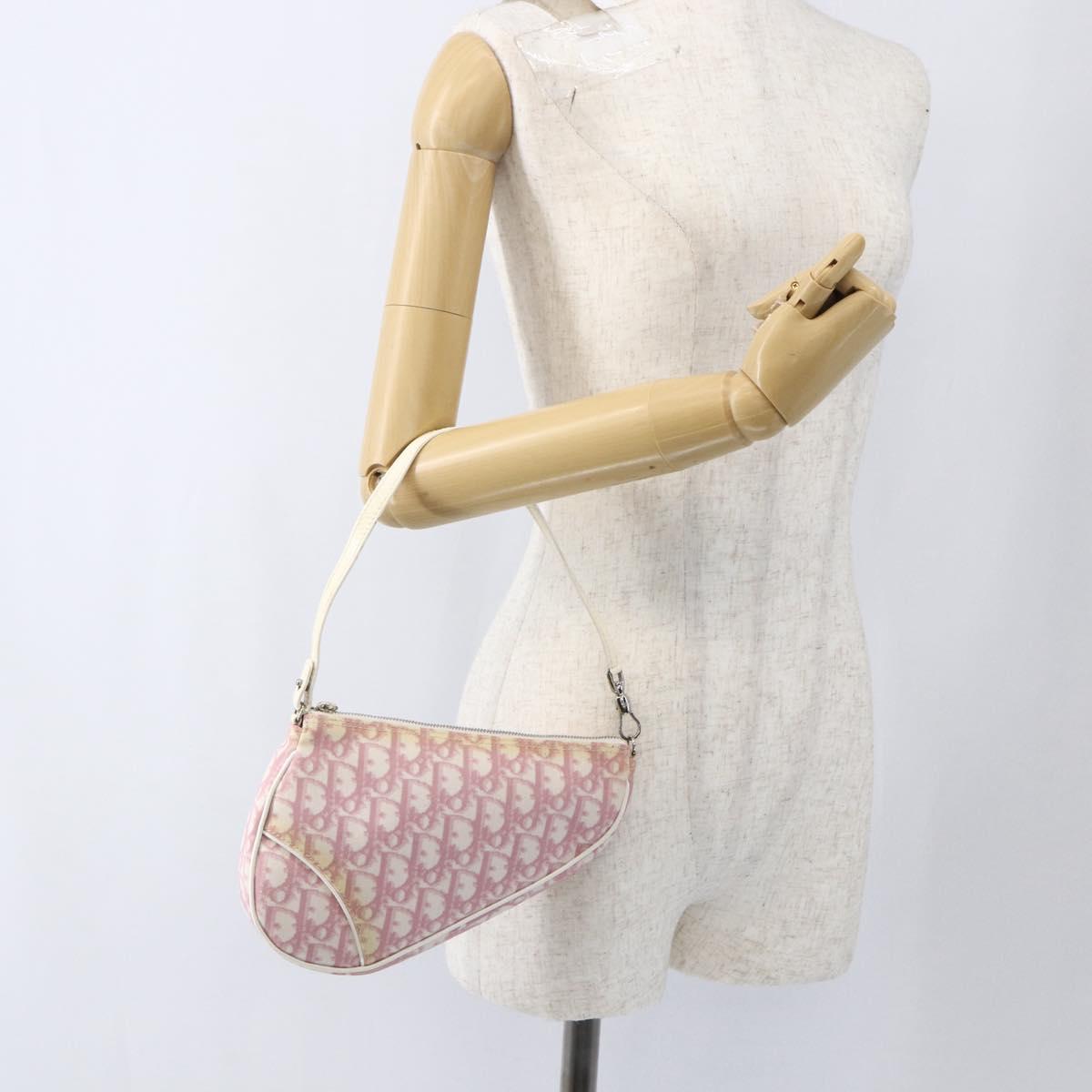 Christian Dior Trotter Canvas Saddle Pouch PVC Pink Silver Auth TR77