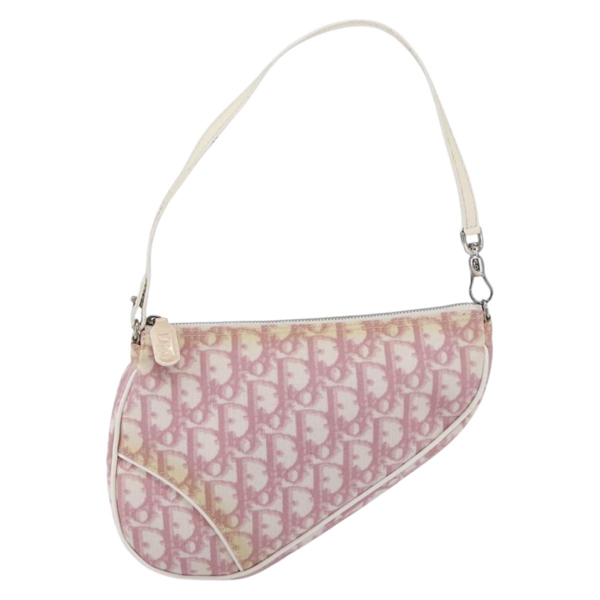Christian Dior Trotter Canvas Saddle Pouch PVC Pink Silver Auth TR77