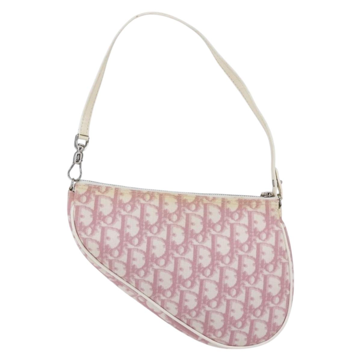 Christian Dior Trotter Canvas Saddle Pouch PVC Pink Silver Auth TR77